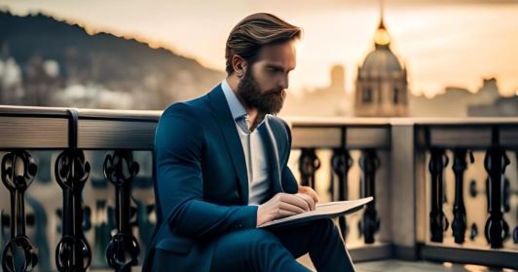 Man sitting and journaling in a suit. Banner for journals from AyeTask.com